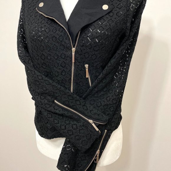 ZARA Mesh Lace Asymmetric Zipper Moto Jacket Black - Picture 2 of 7